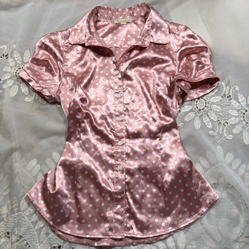 Y2K Pink Polka Dot Satin Short Sleeve Button Down Blouse Large
